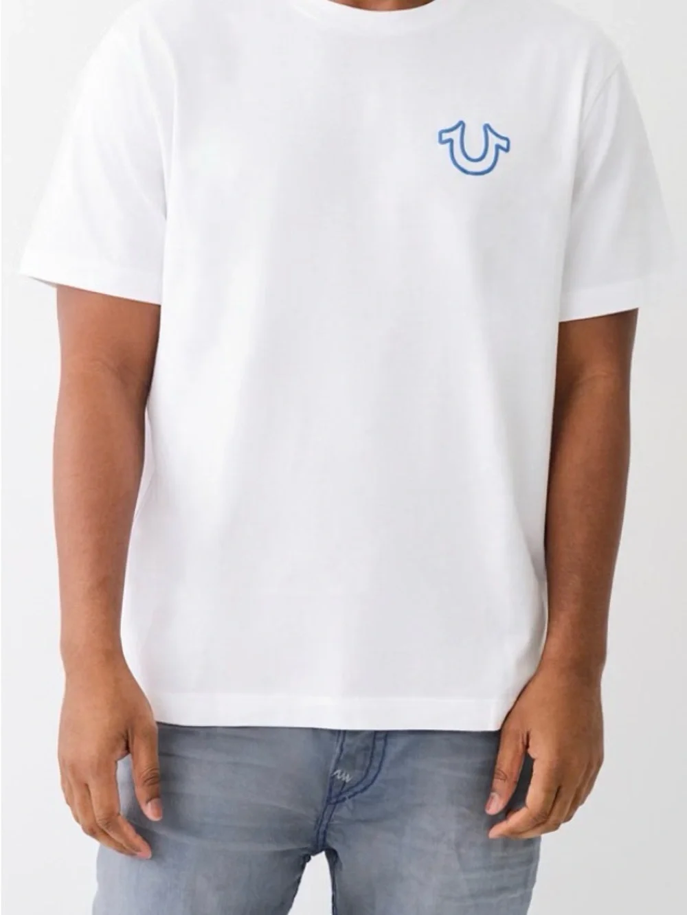 True Religion White Tee with Sky Blue Logo Arch